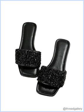 Sparkly Flat Sandals Dressy Open Toe Glitter Slide Shoes